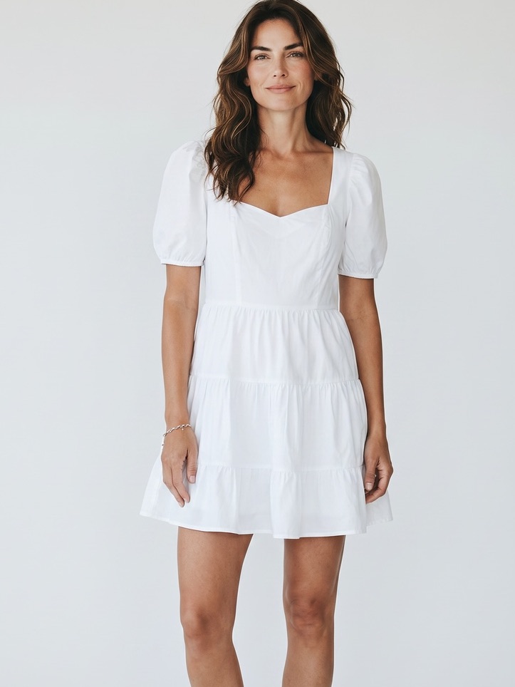 French Connection White Puff-Sleeve Tiered Size 8 Mini Dress